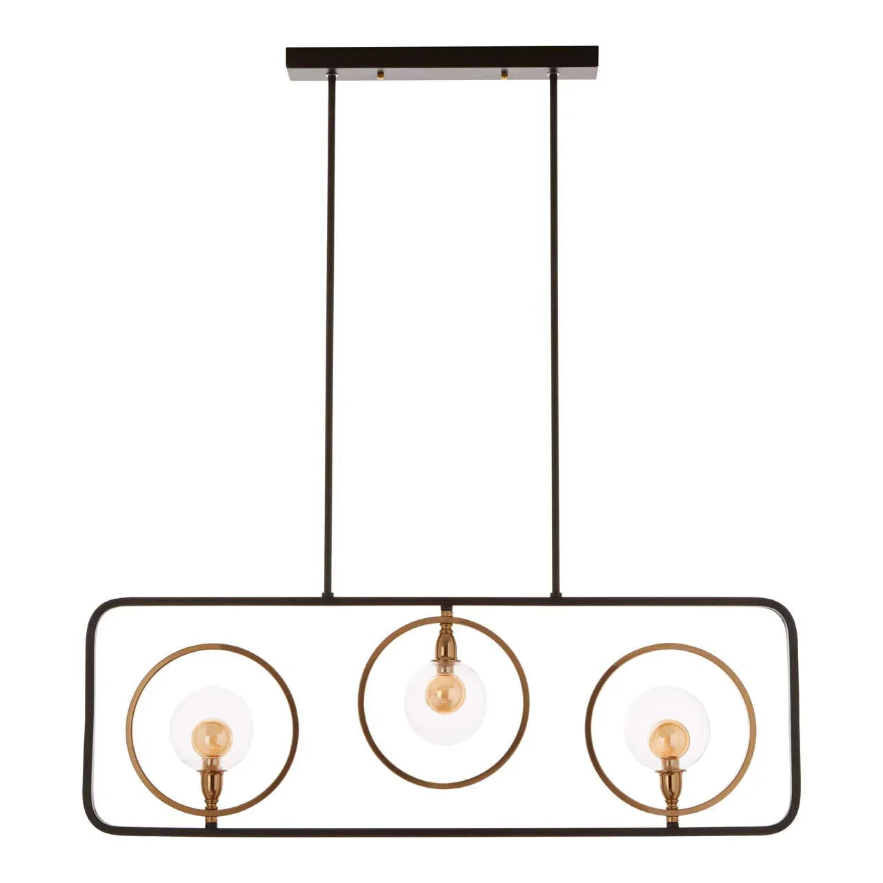 Black and gold pendant light fixture with three exposed bulbs in circular frames