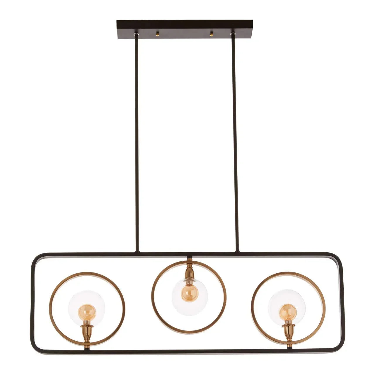 Rectangular black metal pendant light with three exposed bulbs in circular frames