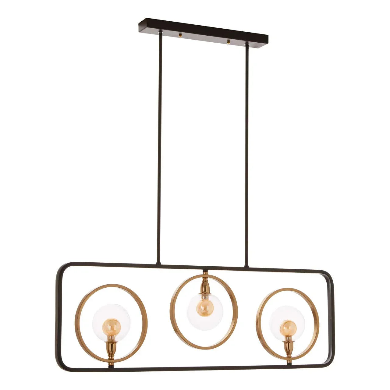 modern pendant light fixture with three exposed bulbs and gold rings in black frame
