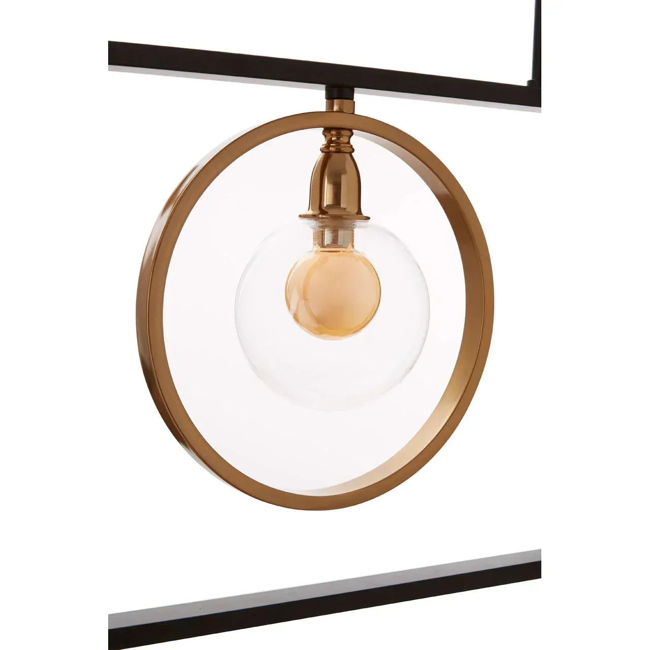 Gold circular frame pendant light with clear glass globe shade and metal fixture