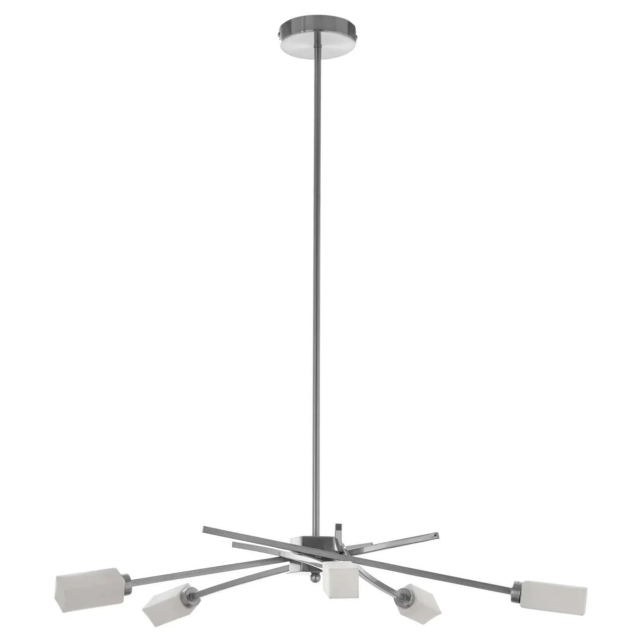 Modern chrome ceiling light with five angled arms and white rectangular lamp shades