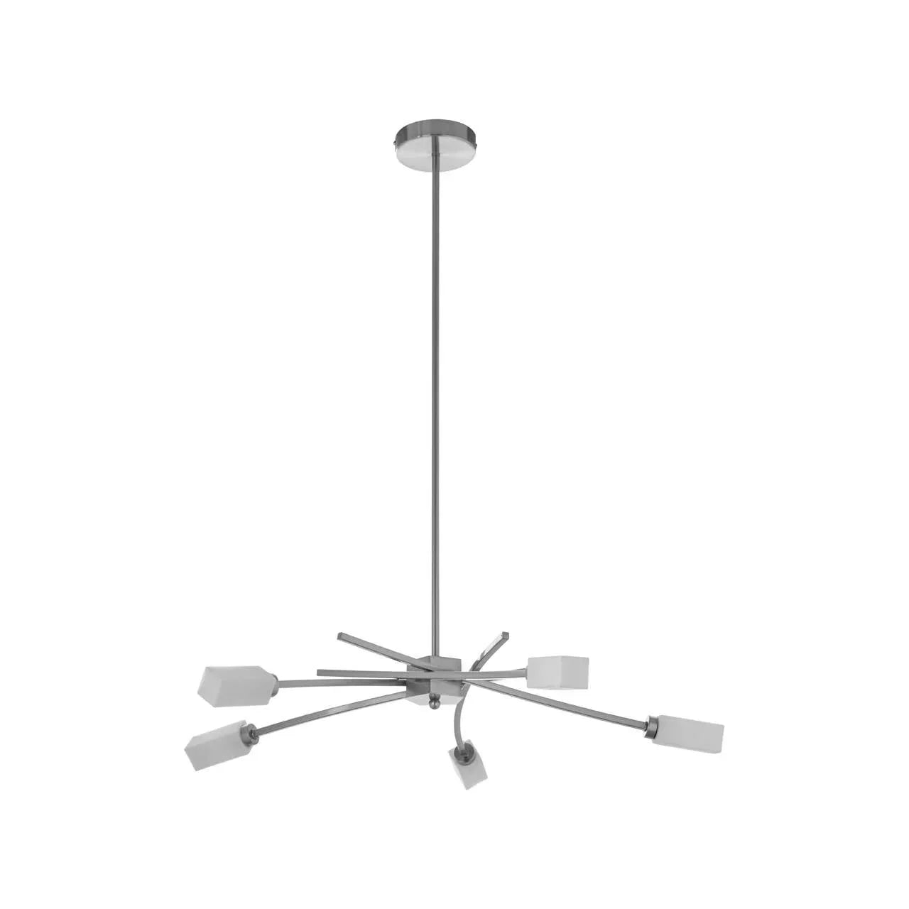 Modern chrome ceiling light fixture with six adjustable arms and white glass shades