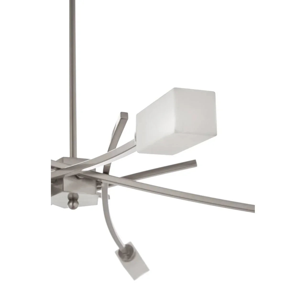 Brushed metal ceiling light fixture with frosted glass cube shades, modern design