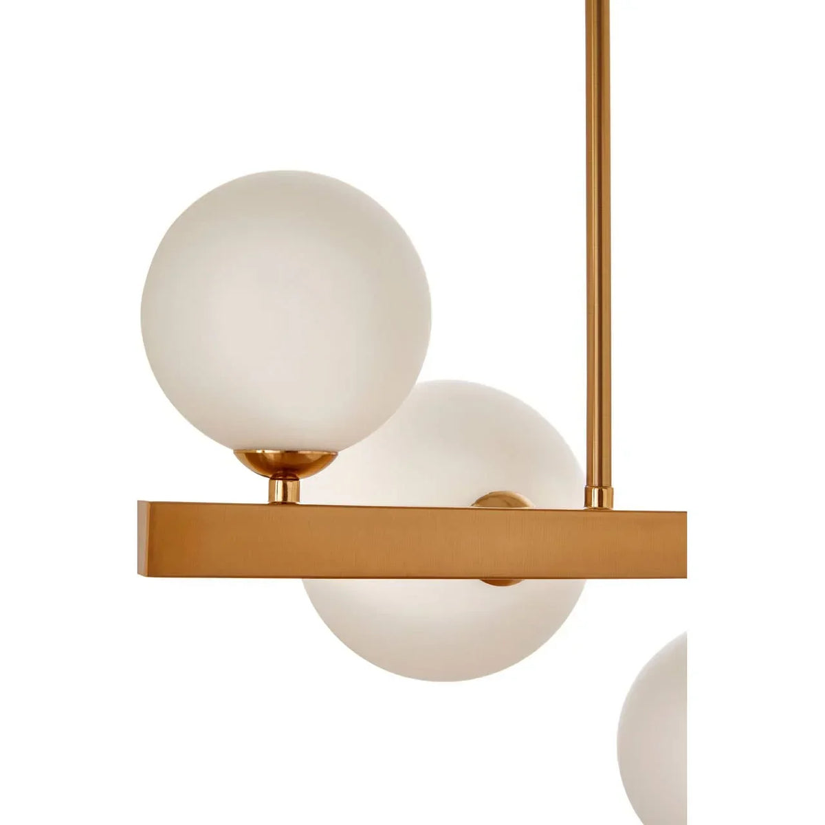 Modern gold pendant light with white glass globes, closeup view of fixture details