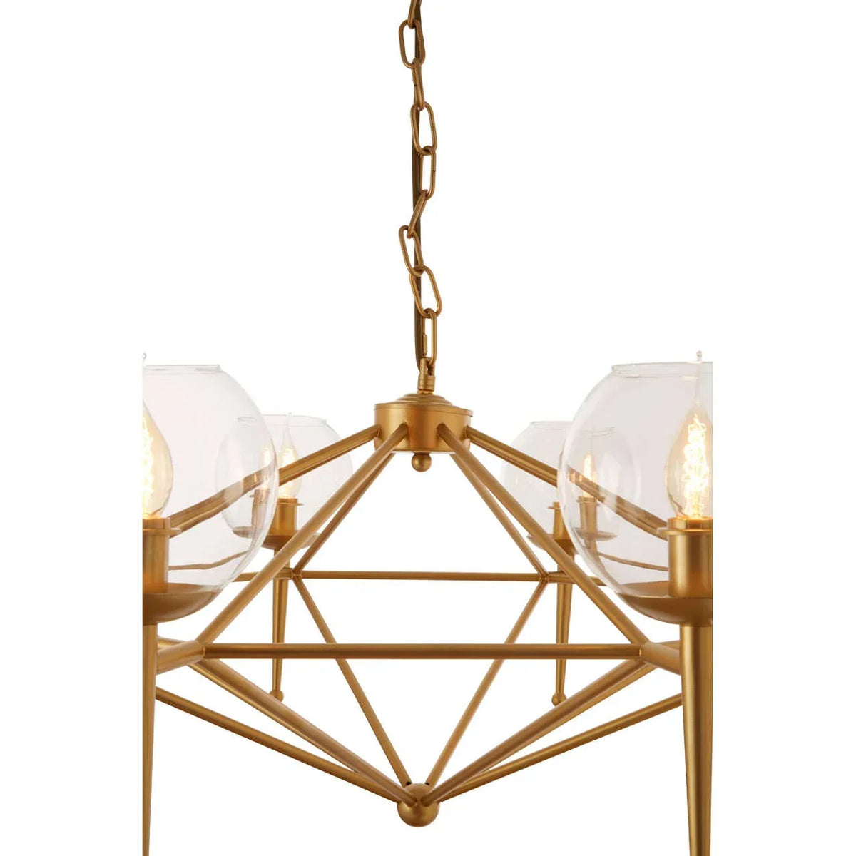 Gold metal chandelier with geometric frame and glass globe light shades