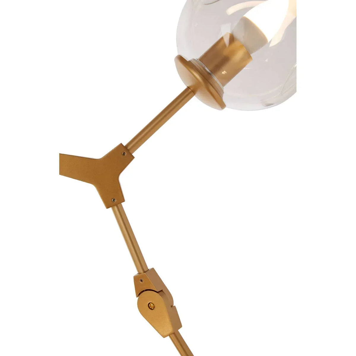 Gold adjustable floor lamp arm with clear glass globe shade close-up