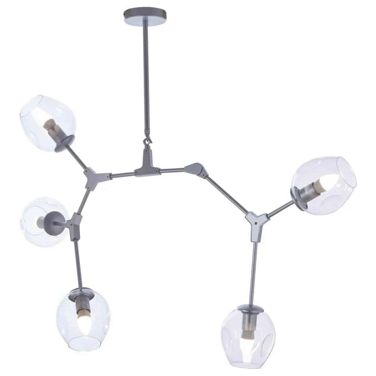 Modern ceiling light fixture with five clear glass globe shades and metal frame