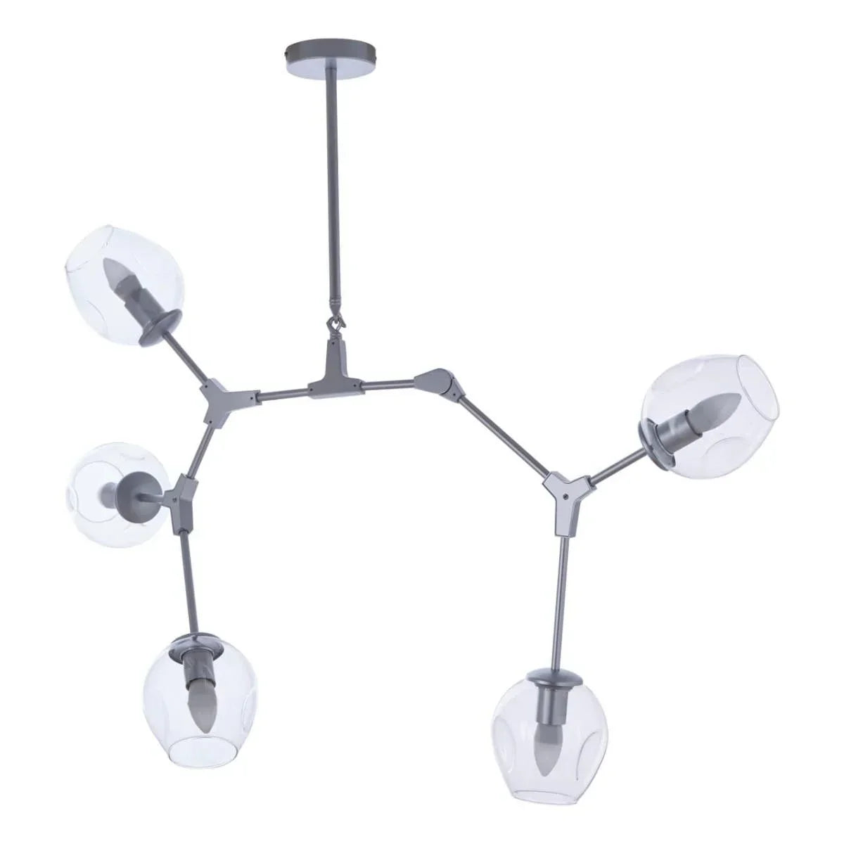 Modern ceiling light with five adjustable arms and round clear glass shades