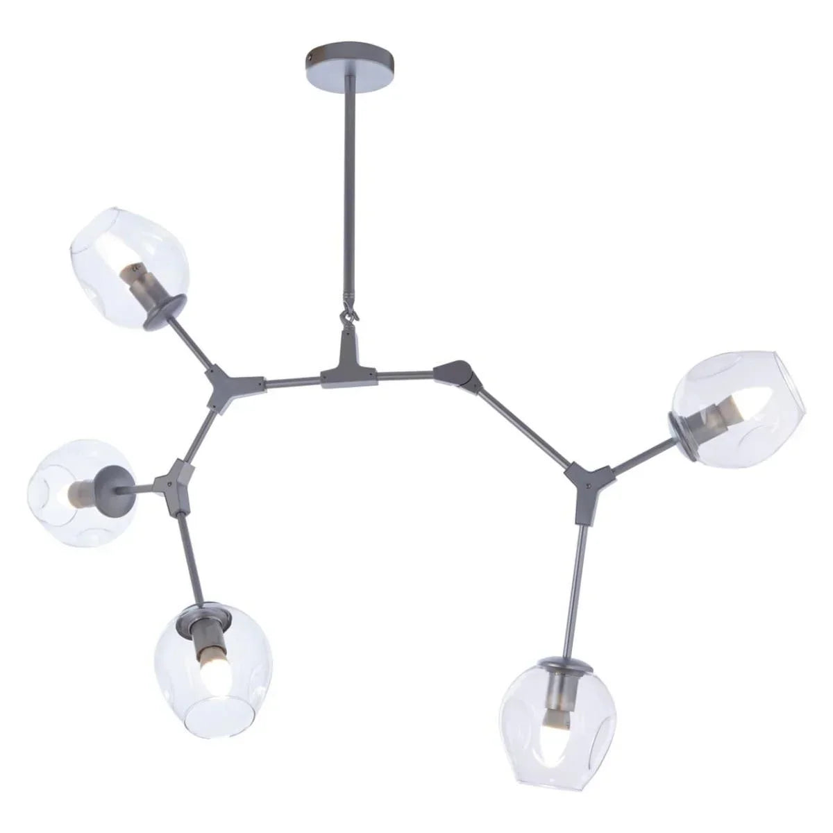 Modern ceiling light fixture with five clear glass shades and black metal arms