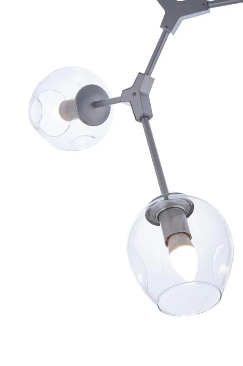 Modern ceiling light fixture with clear glass globe shades and silver metal arms