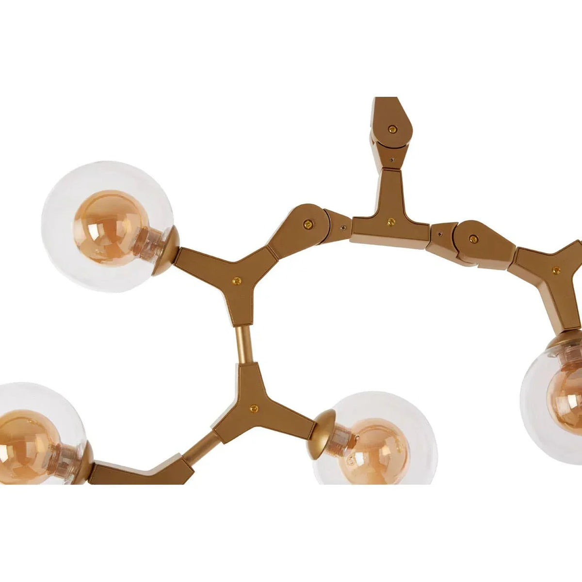 Modern brass ceiling light fixture with clear glass globe shades, close-up view