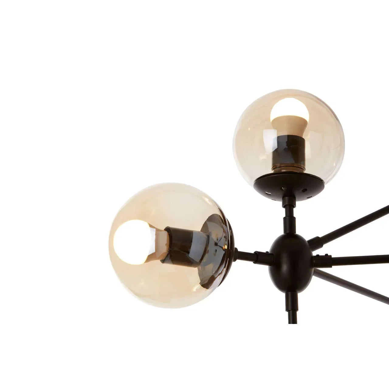 Modern ceiling light with two round amber glass shades and black metal fixture