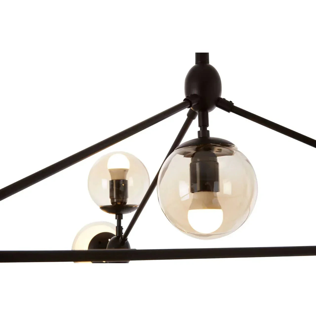 Modern pendant light fixture with black frame and round glass globe shades