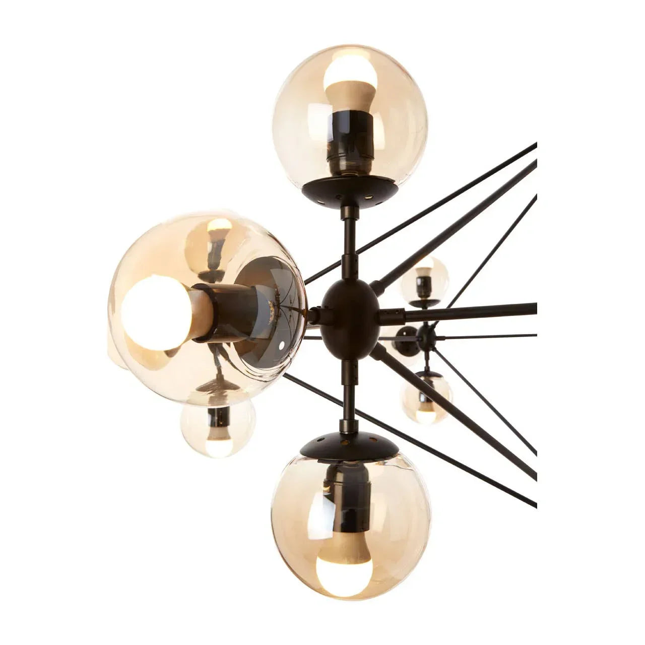 Modern ceiling light fixture with smoked glass globe shades and black metal arms