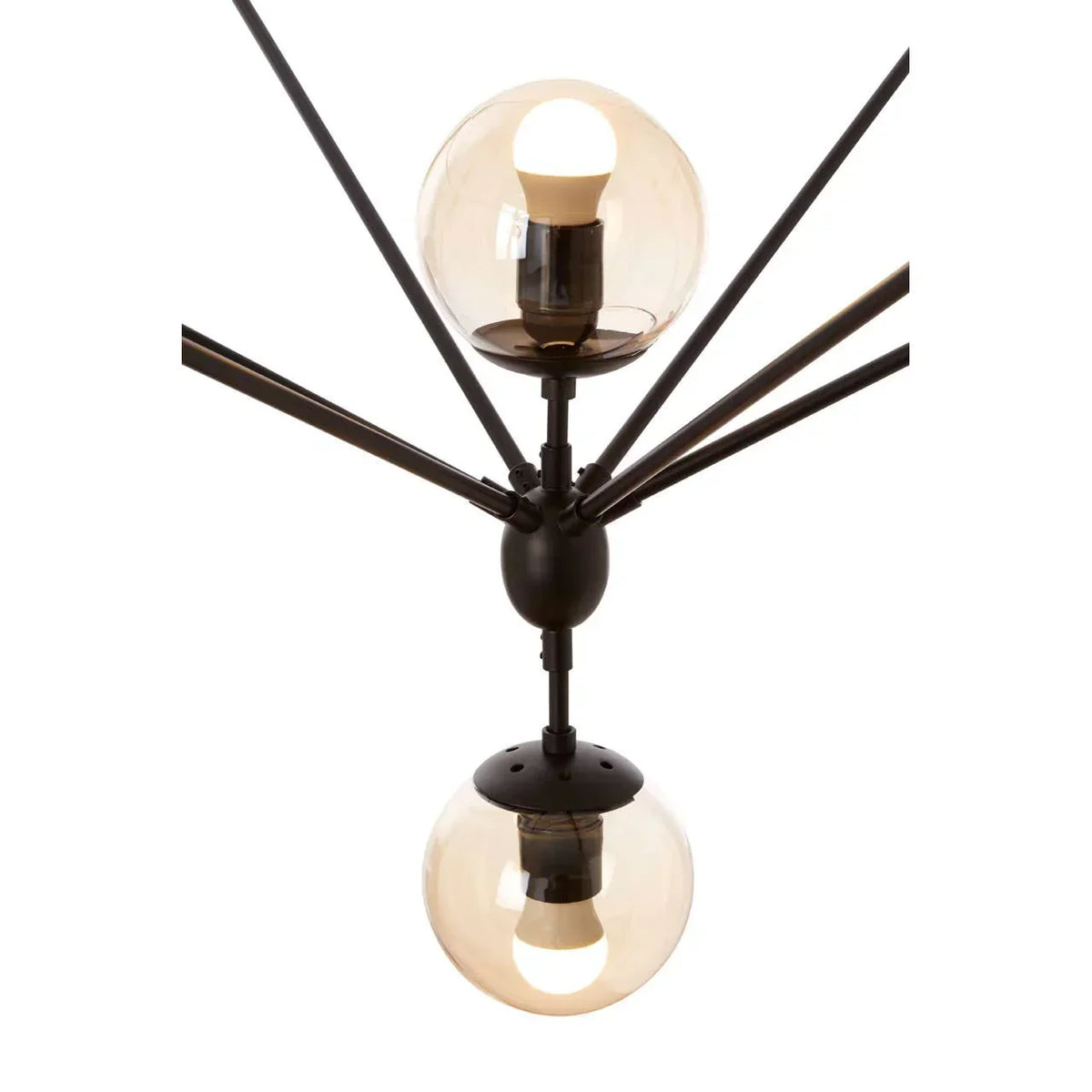 Modern ceiling light fixture with black metal arms and two glass globe shades