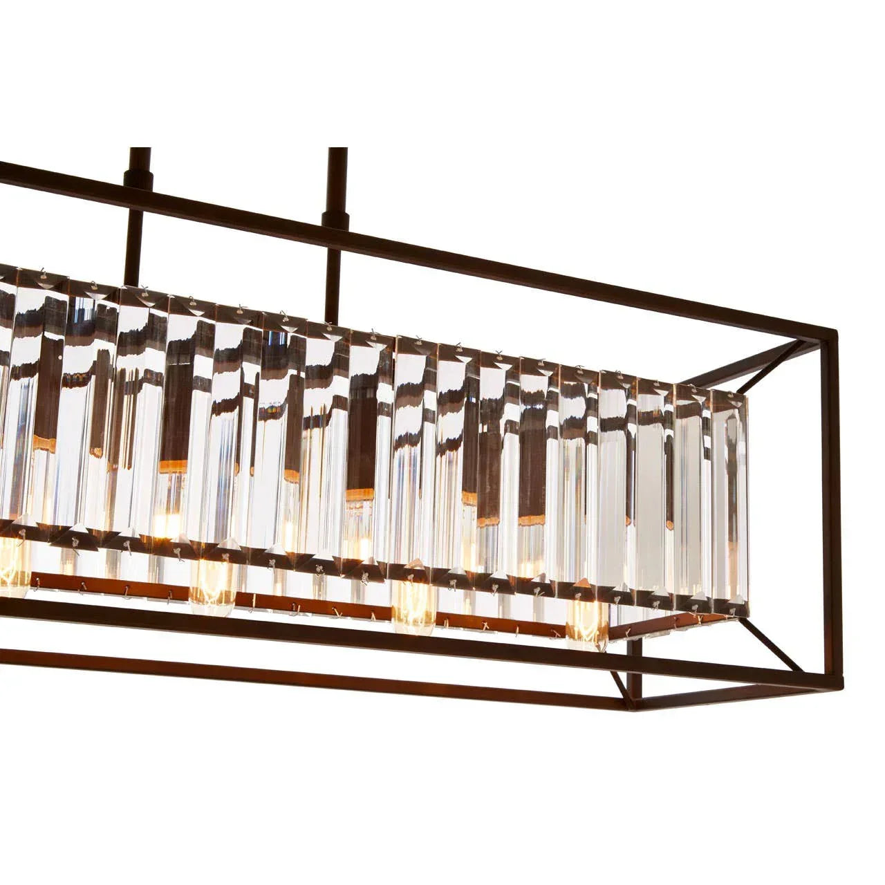 Rectangular glass pendant light with bronze metal frame and exposed bulbs