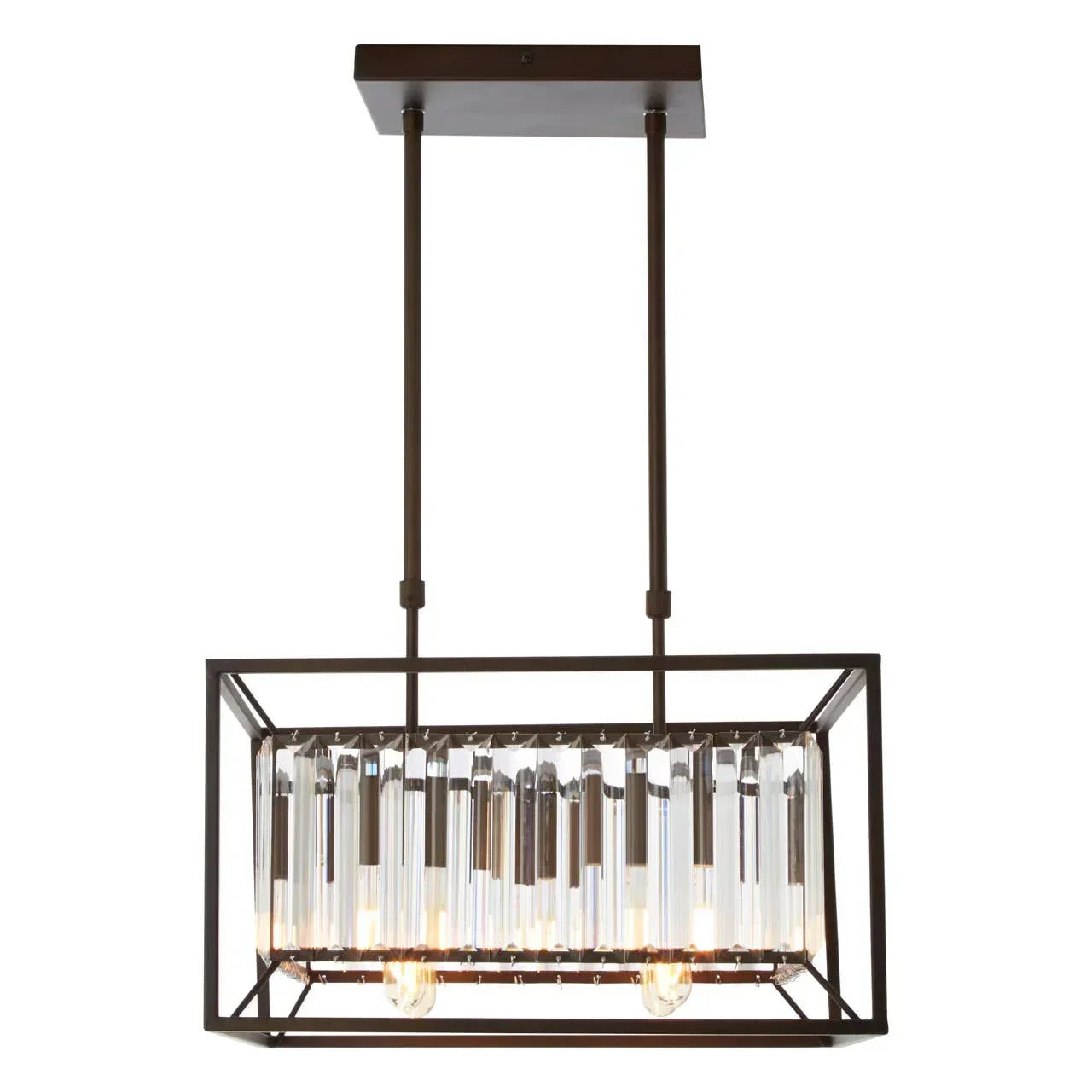 Rectangular pendant ceiling light with glass prisms and bronze metal frame