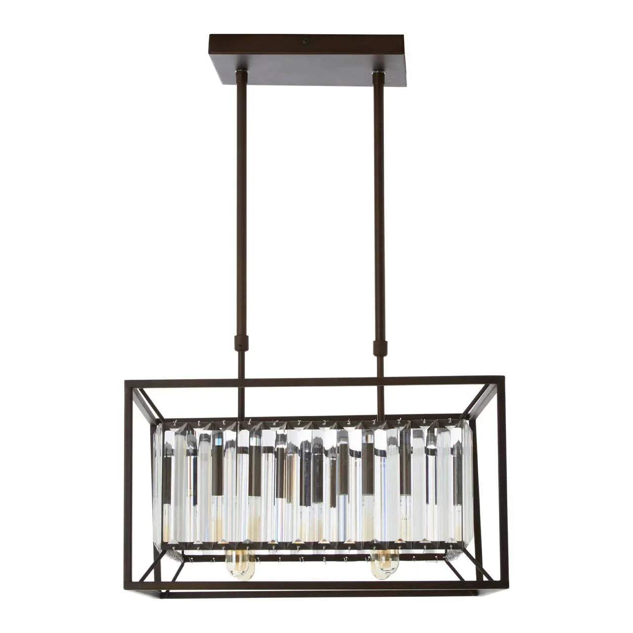 Rectangular pendant ceiling light with bronze metal frame and crystal glass panels