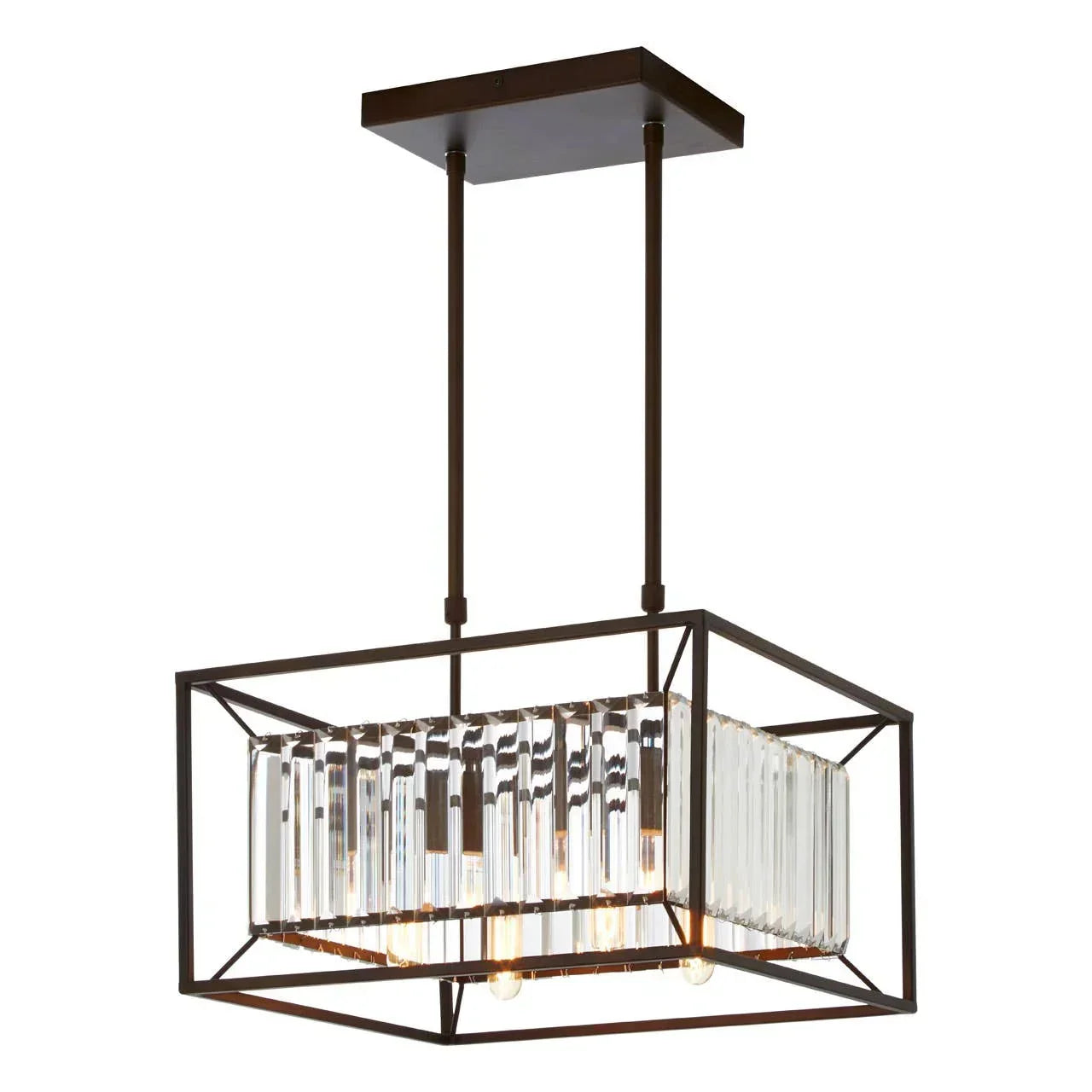 Rectangular glass pendant light with black metal frame and exposed bulbs
