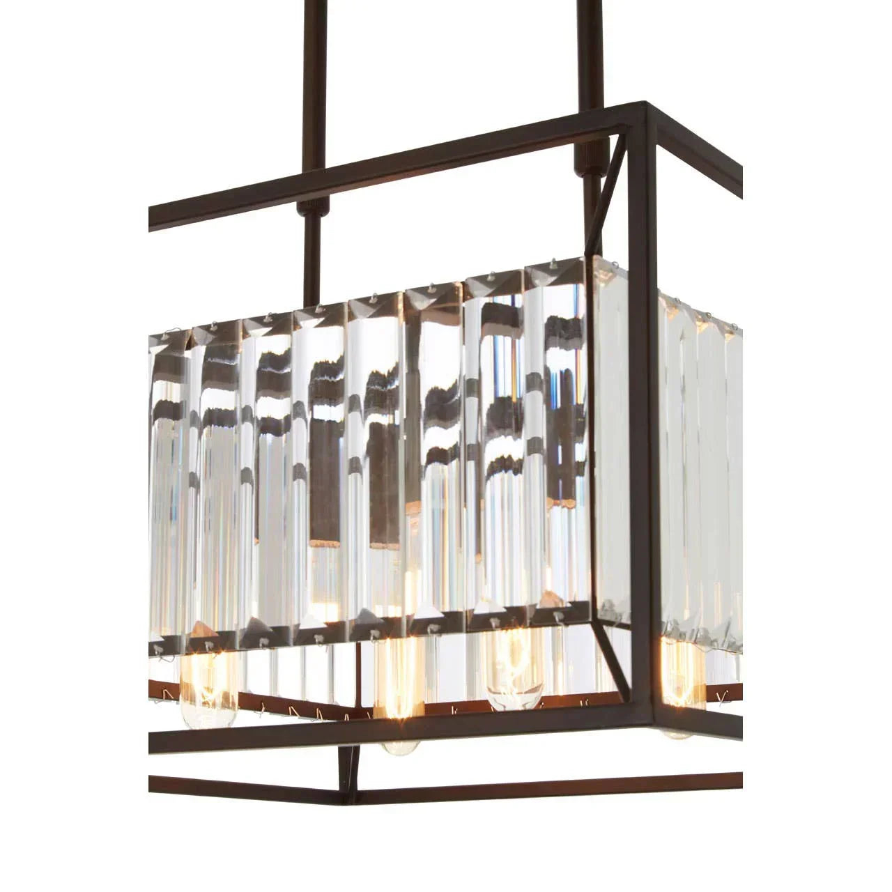 Rectangular pendant ceiling light with clear glass panels and bronze metal frame