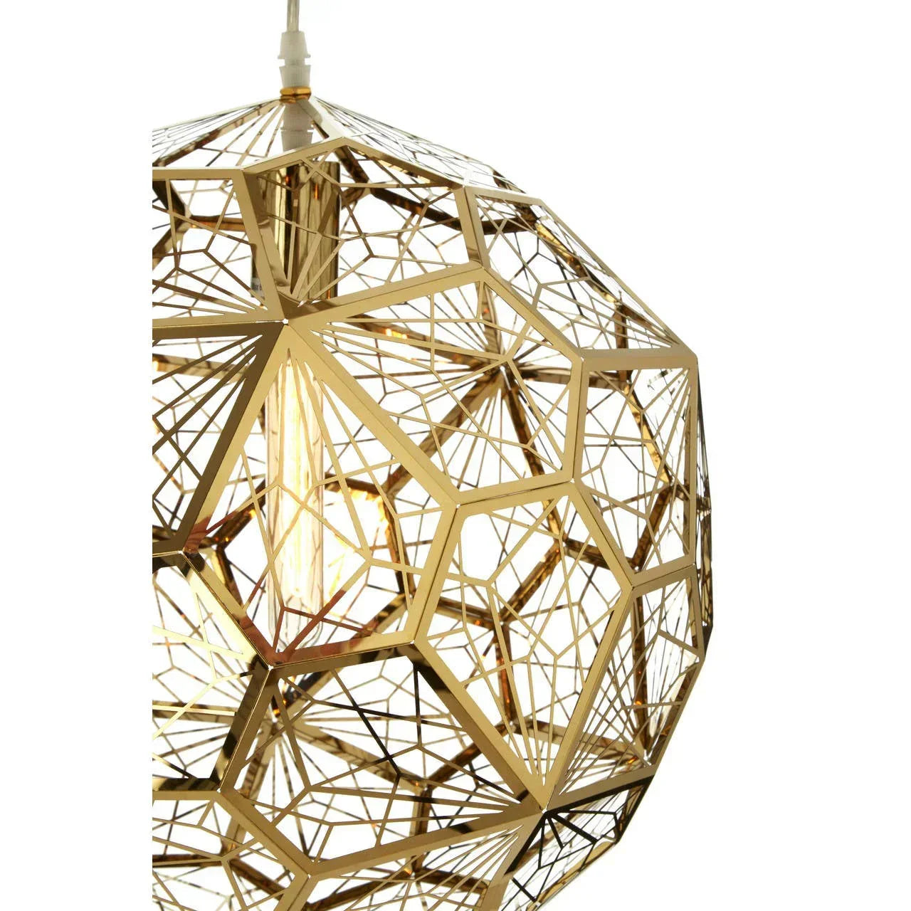 Gold geometric pendant light with exposed bulb and faceted metal frame