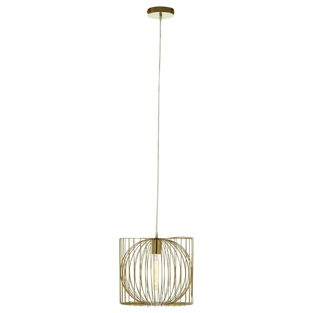 Gold metal pendant light with geometric wire frame and exposed bulb, hanging from ceiling