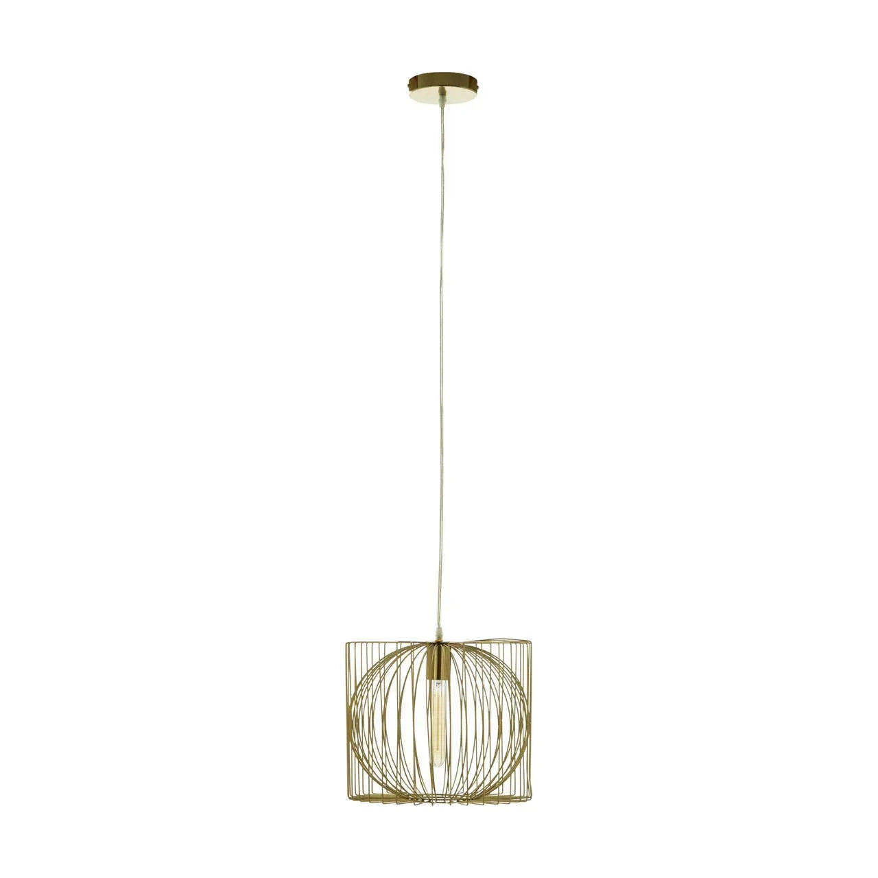 Gold wire pendant light with geometric cage design and exposed bulb, ceiling view