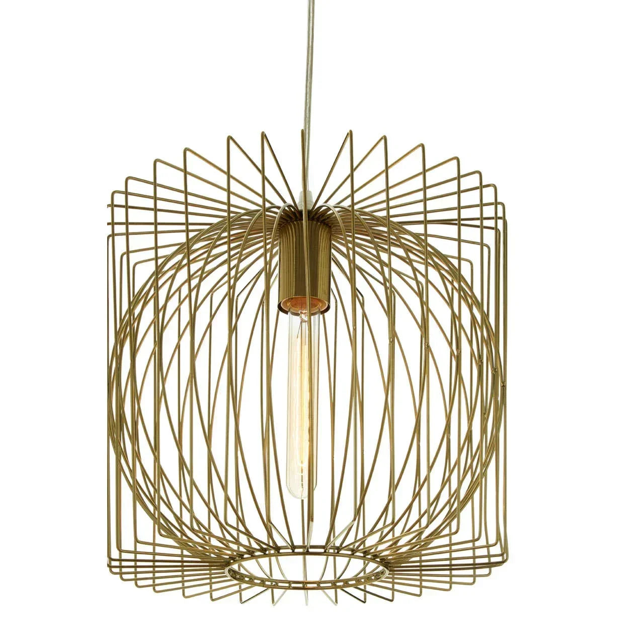 Brass wire pendant light with geometric cage design and exposed bulb