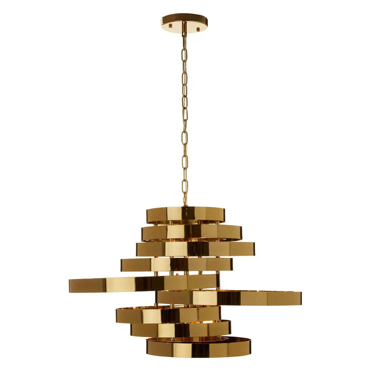 Gold metal pendant ceiling light with layered geometric rings on chain