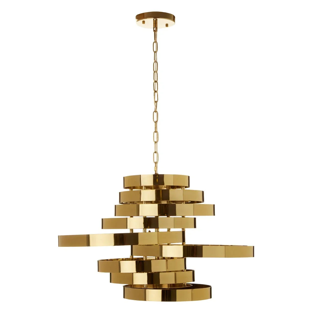 Gold metal pendant light with layered circular bands and chain suspension