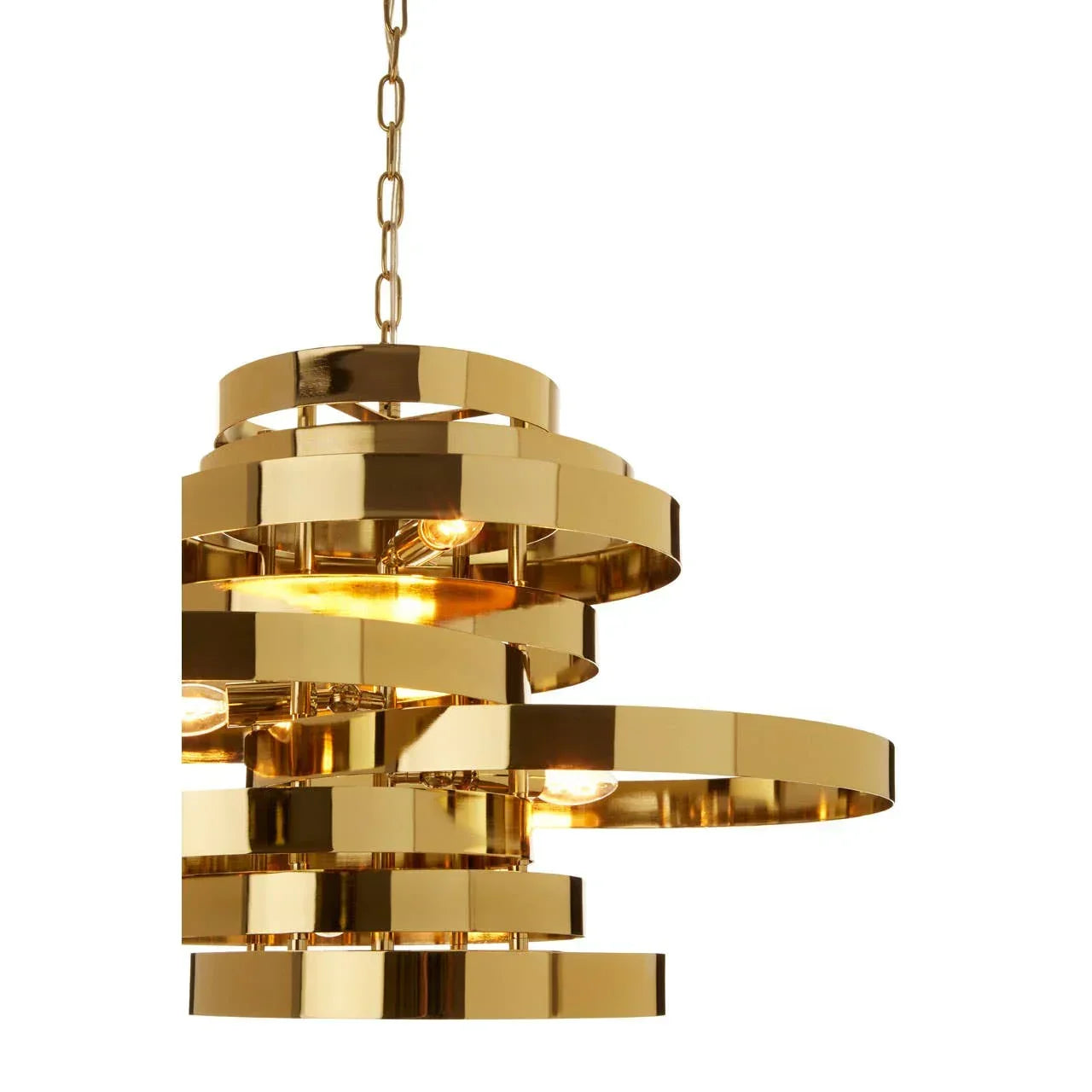 Gold spiral pendant light with multiple bulbs and polished metal finish hanging by chain