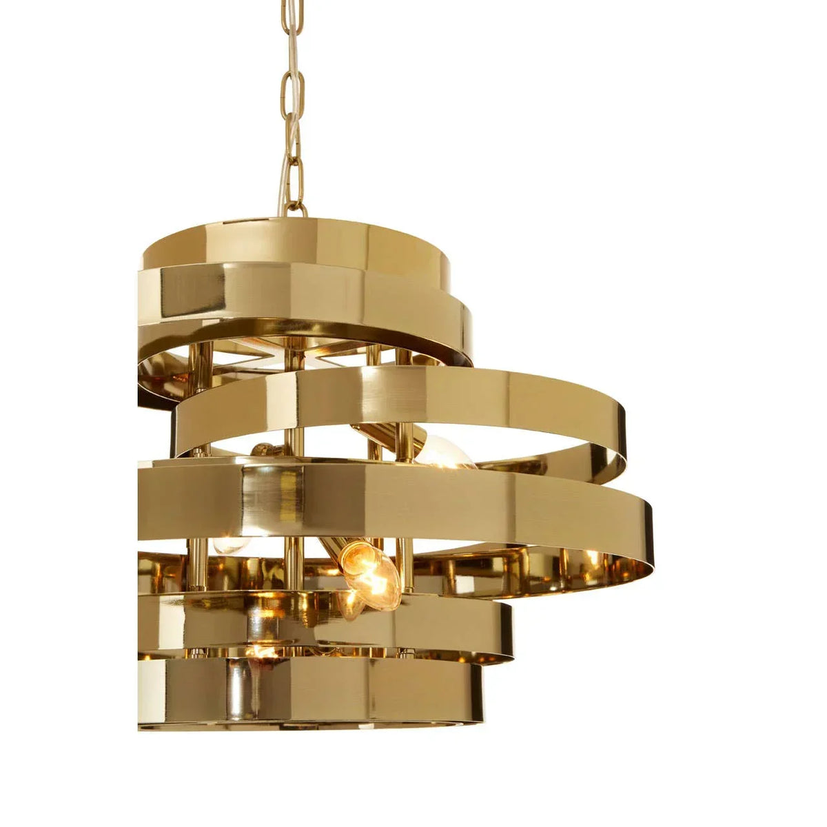 Gold metal pendant light with layered circular bands and exposed bulbs