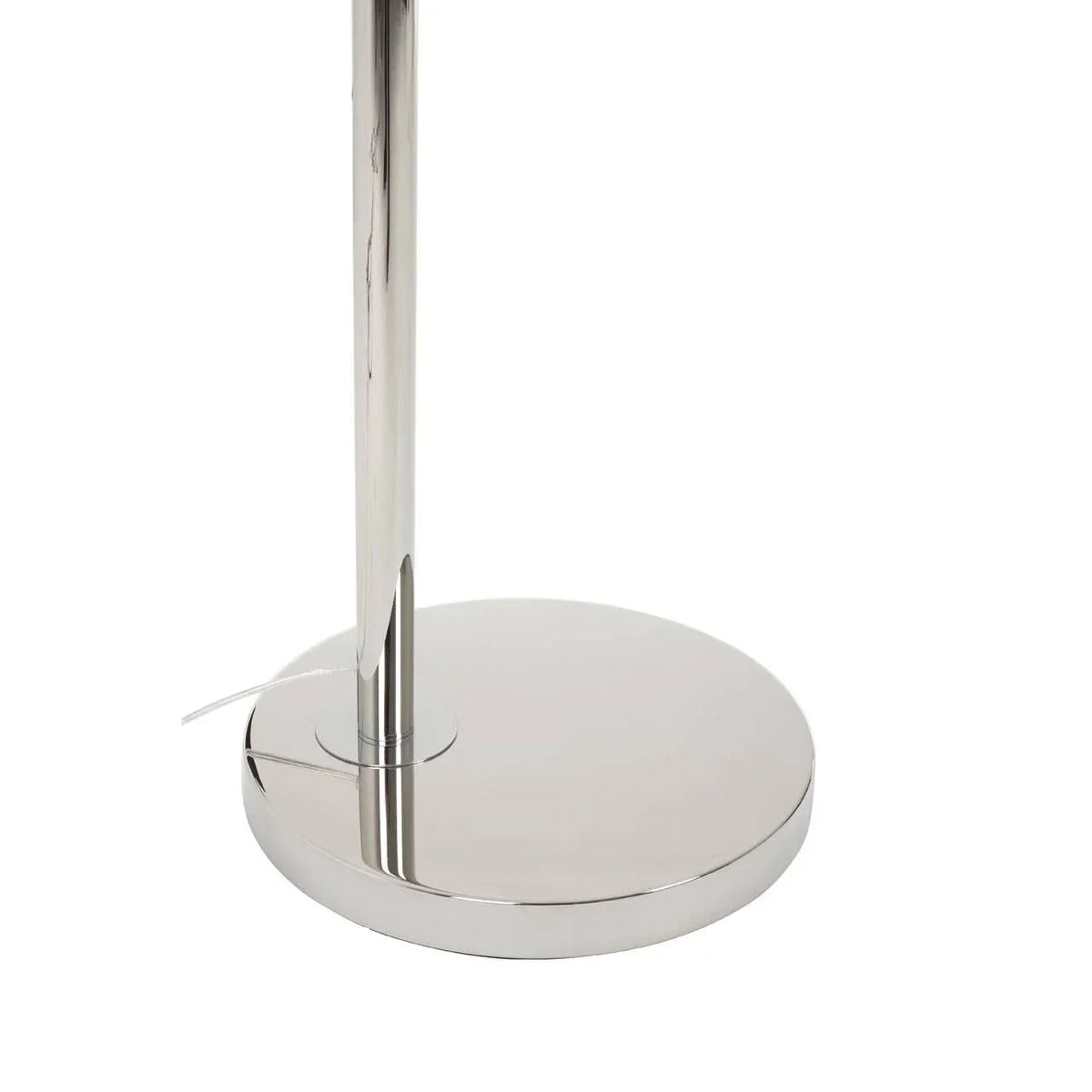 Chrome floor lamp base with round metal platform and upright pole