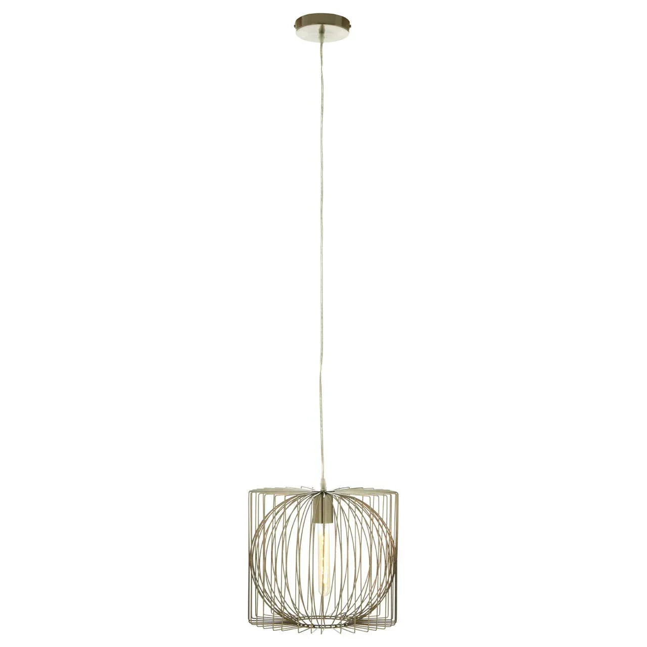 Modern metal pendant light with geometric wire cage and exposed bulb hanging from ceiling