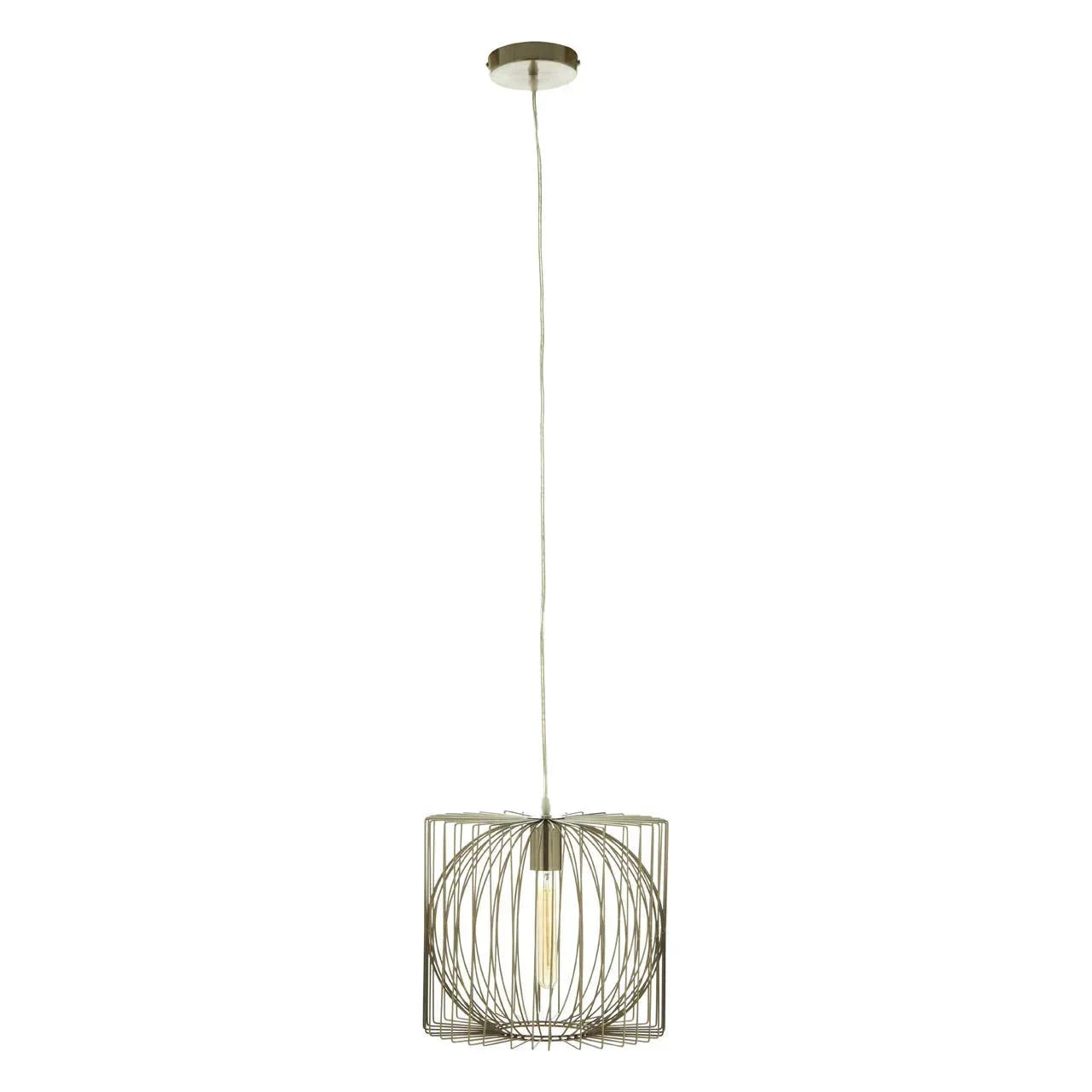 Modern metal pendant light with open wireframe shade and exposed bulb hanging from ceiling