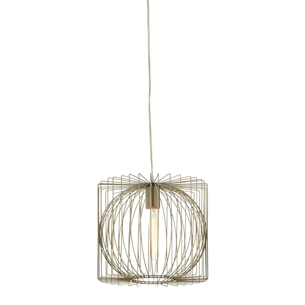 Modern metal pendant light with geometric wire frame and exposed bulb hanging from ceiling