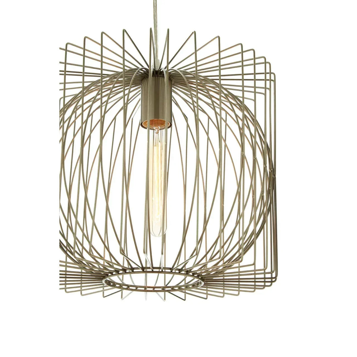 Metal wire pendant light with exposed bulb and geometric design against white background