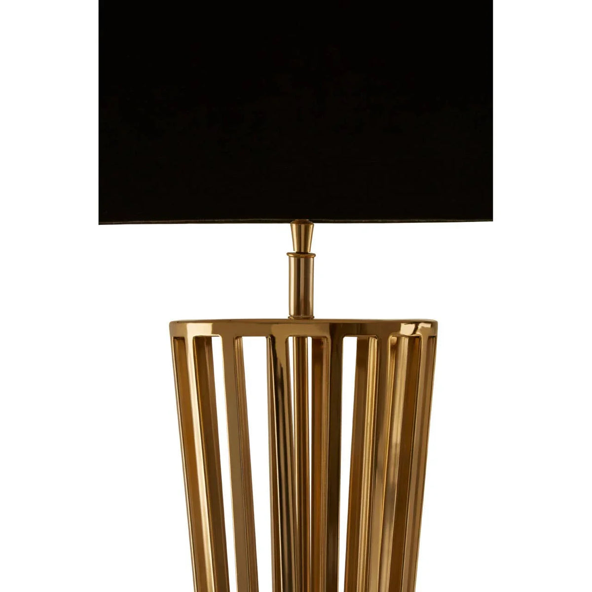 Gold metal table lamp with black rectangular shade, modern geometric base design