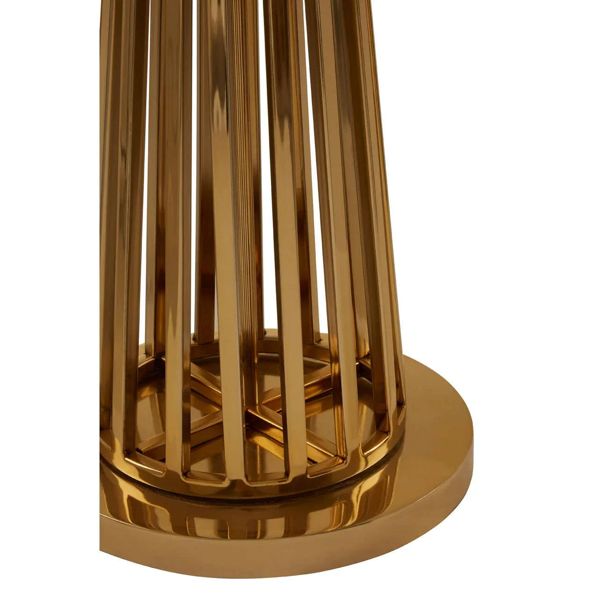 Gold metal table base with vertical bars and round bottom