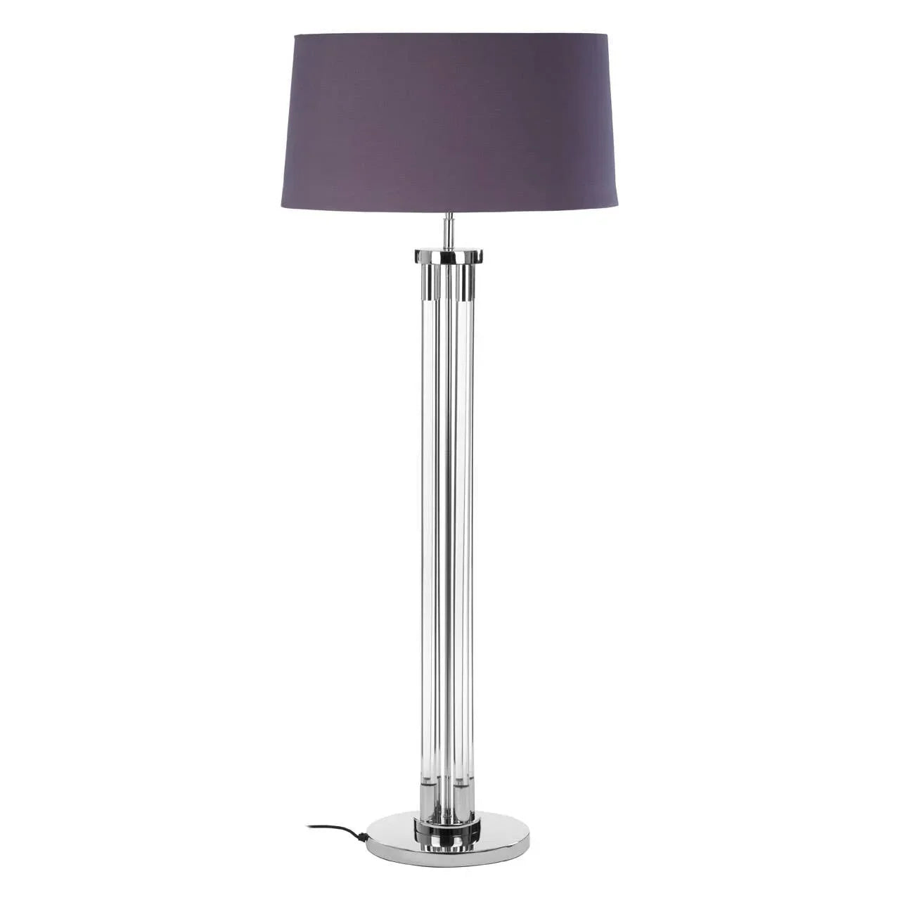 Chrome floor lamp with clear acrylic stem and dark grey drum shade