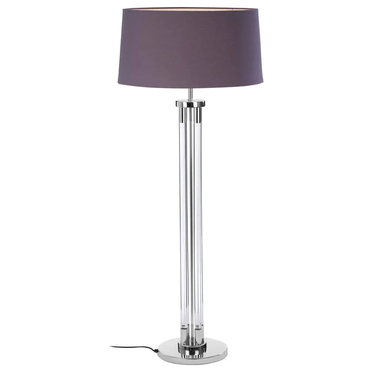 chrome floor lamp with clear acrylic base and purple fabric drum shade