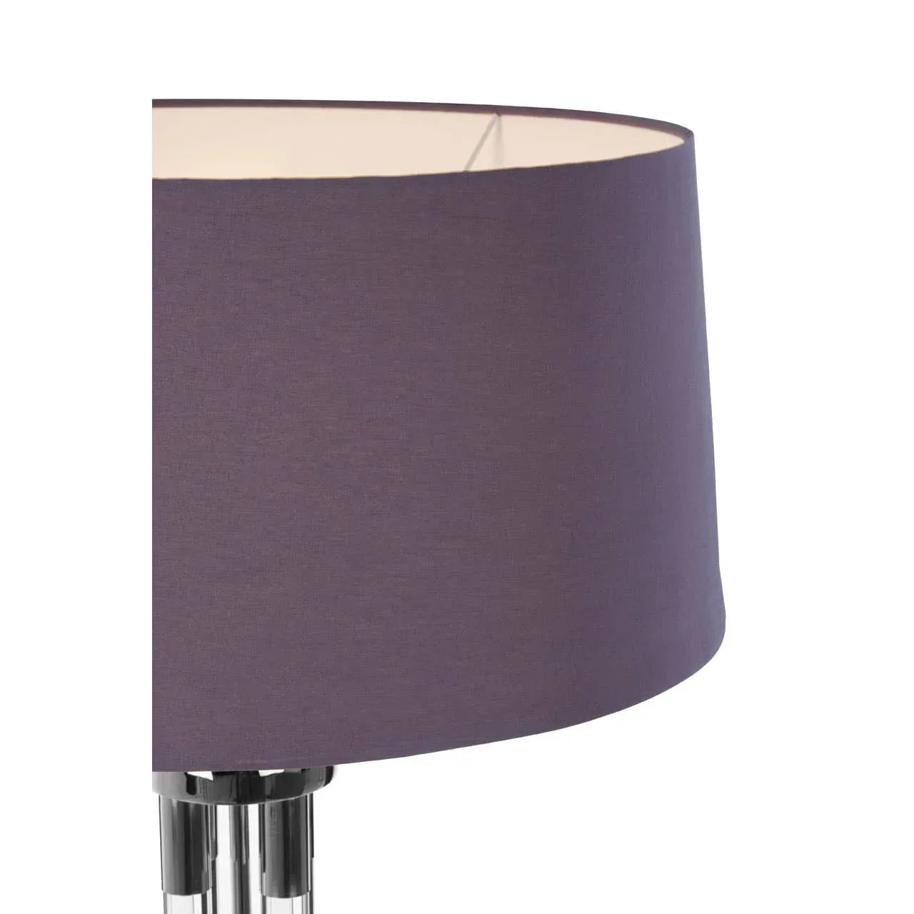 Purple fabric lamp shade on chrome base, close-up view