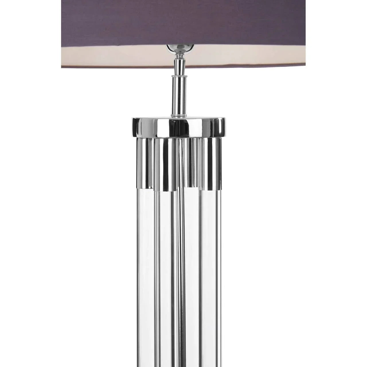 Chrome and glass table lamp base with vertical rods and partial fabric lampshade