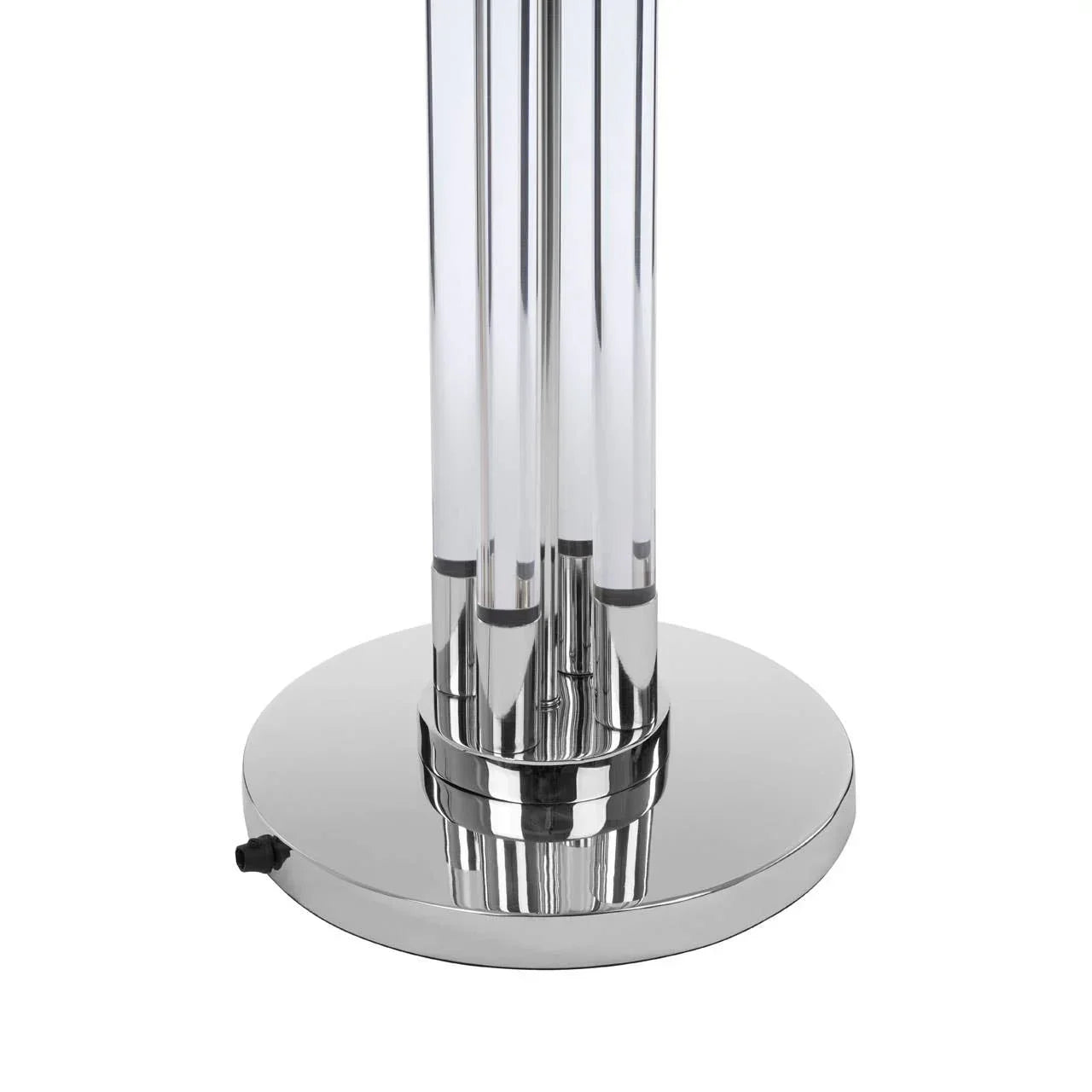 Chrome floor lamp base with cylindrical pole design on white background