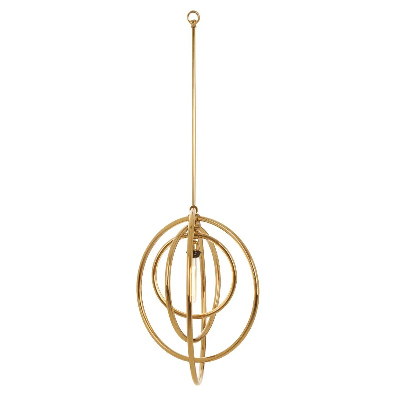 Gold metal pendant light with overlapping rings and exposed bulb, modern ceiling lighting