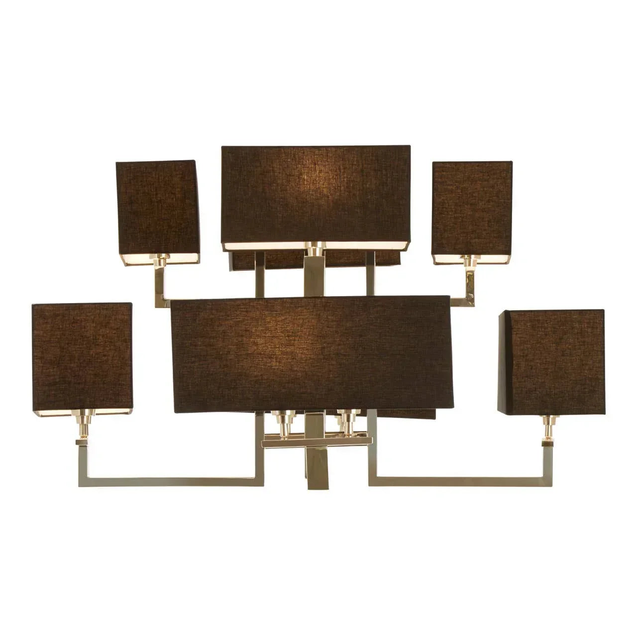 Modern wall light with six rectangular brown fabric shades and gold metal frame