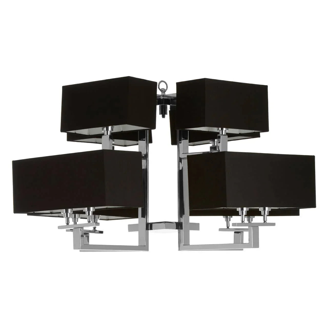 Modern ceiling light with chrome frame and four rectangular black fabric shades