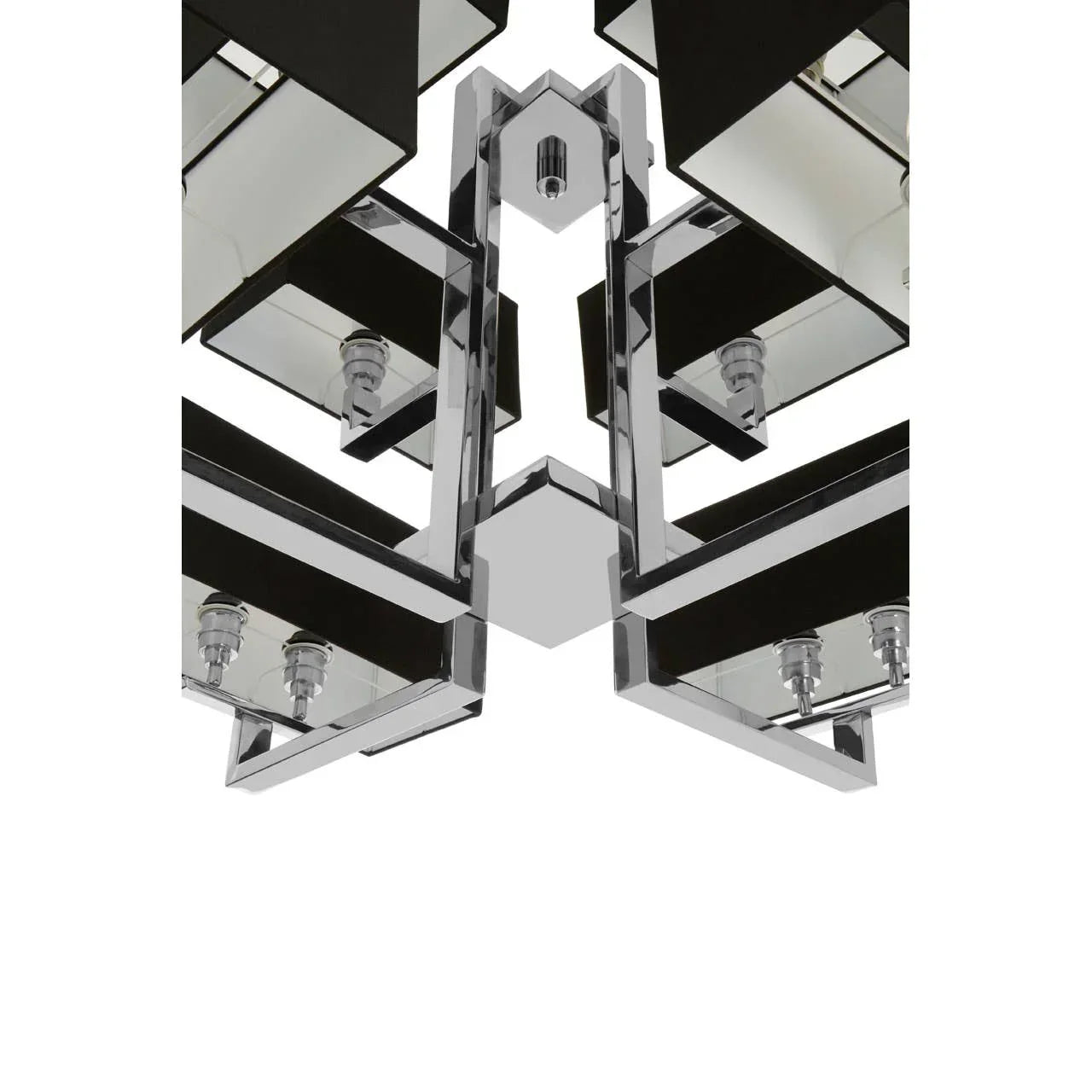 Modern chrome and black ceiling light fixture with geometric metal and glass details