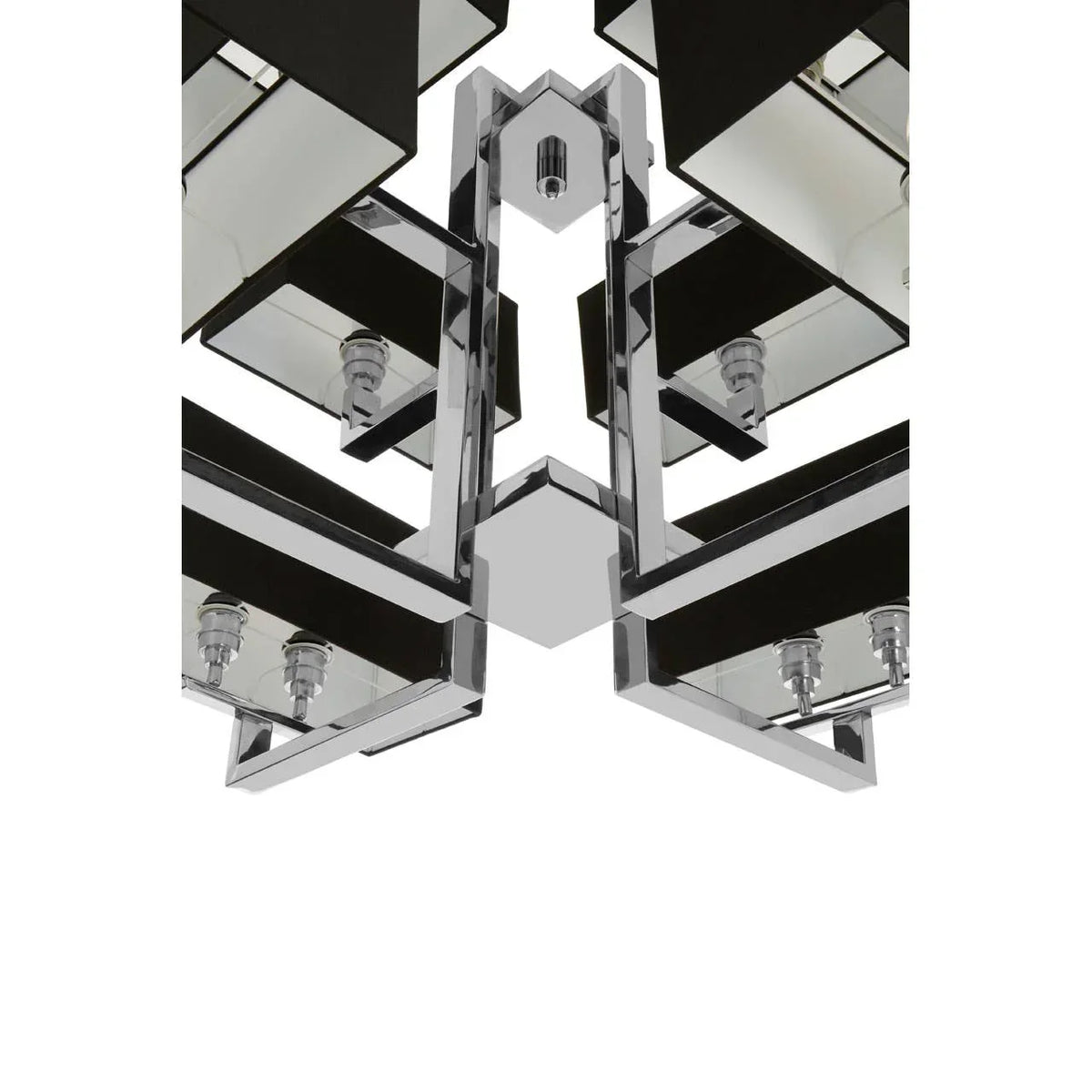Modern chrome and black ceiling light fixture with geometric metal and glass details