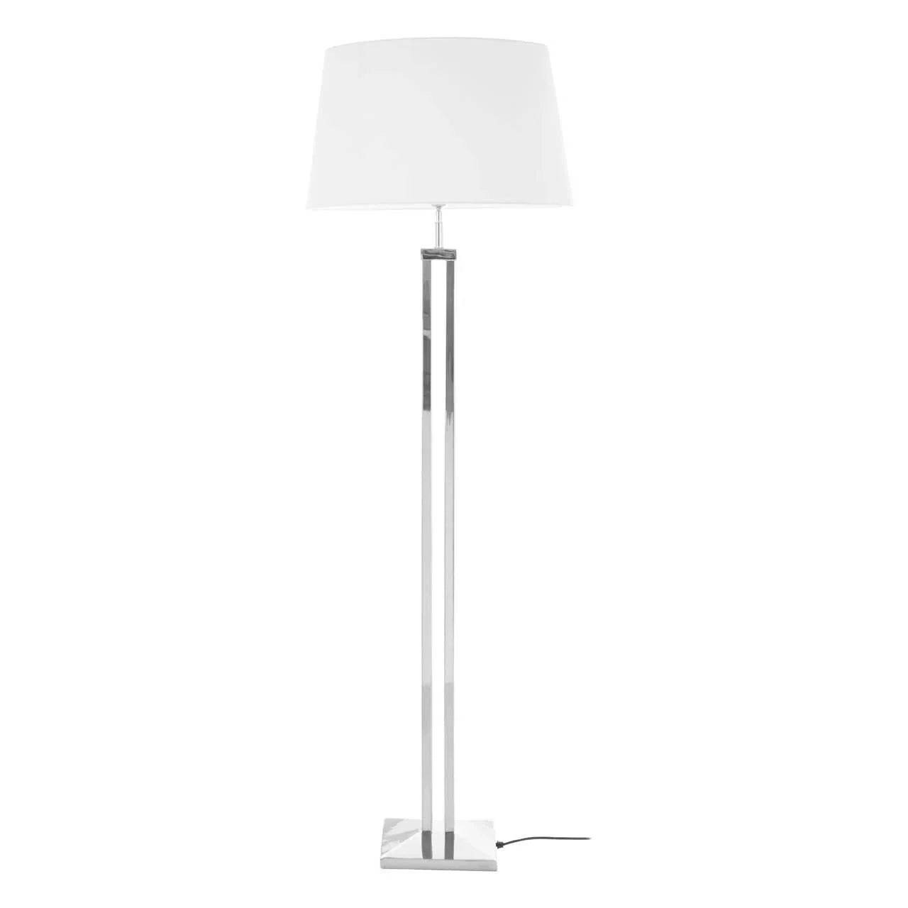 Chrome floor lamp with white fabric shade and square base on white background
